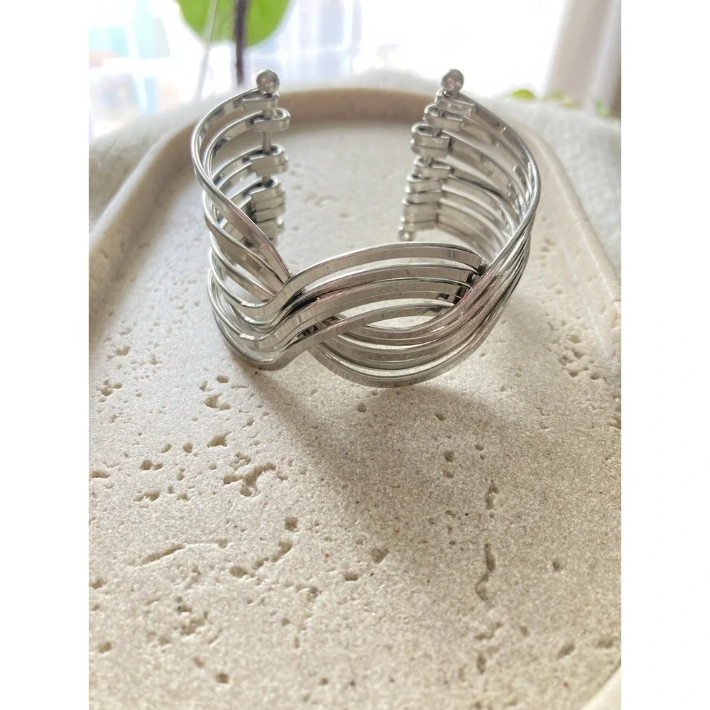 Silver Tone Wave Cuff Bracelet Openwork Multi Strand Modernist‎ Abstract Metal
